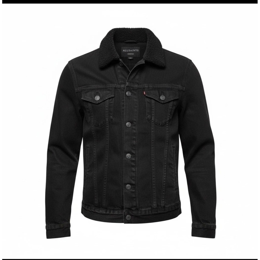 AllSaints Mens Black Denim Trucker Jacket  Sherpa Collar Medium
